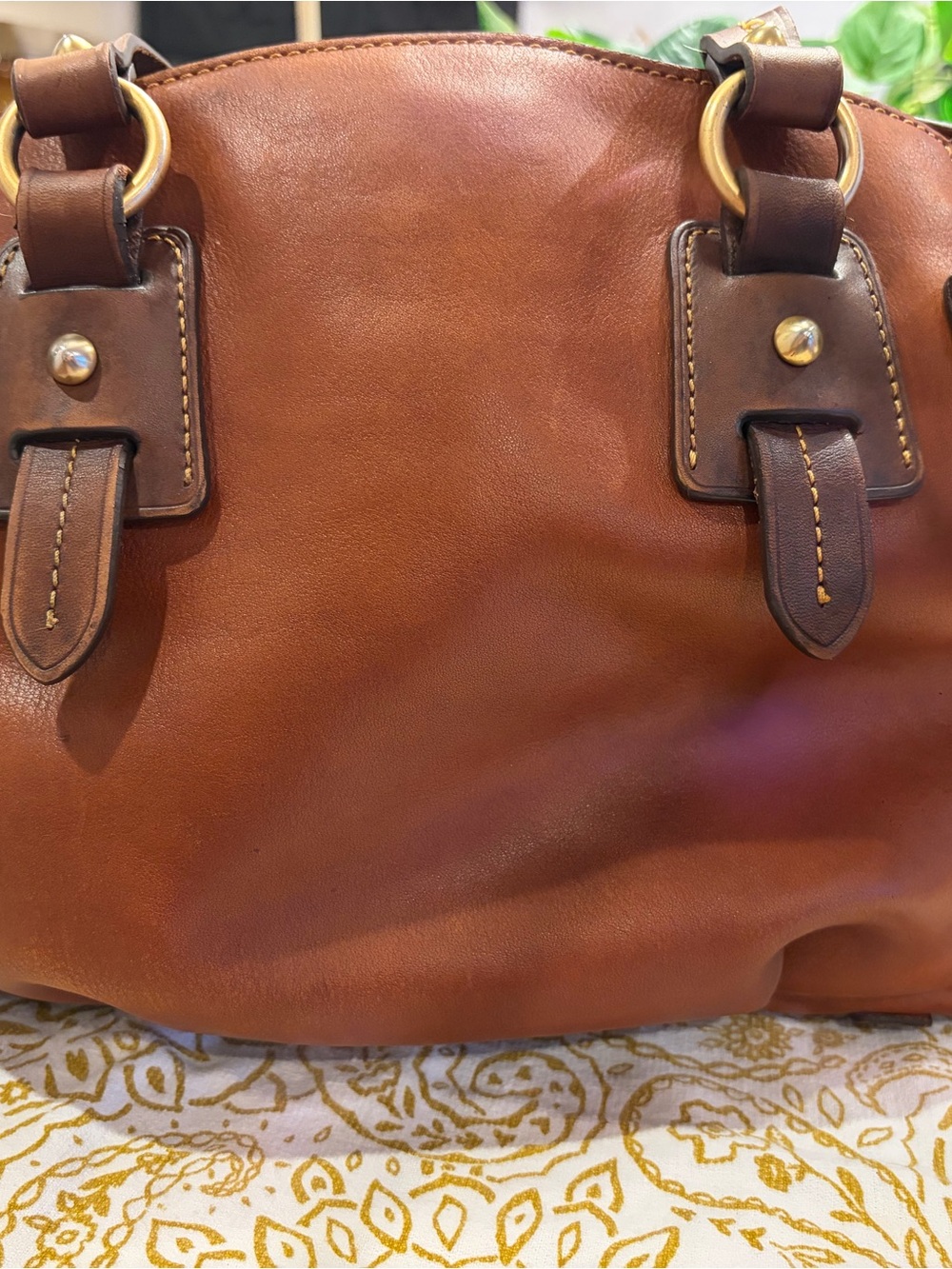 Dooney & Bourke Cognac Leather Satchel with Dark Brown Trim - Picture 2 of 14